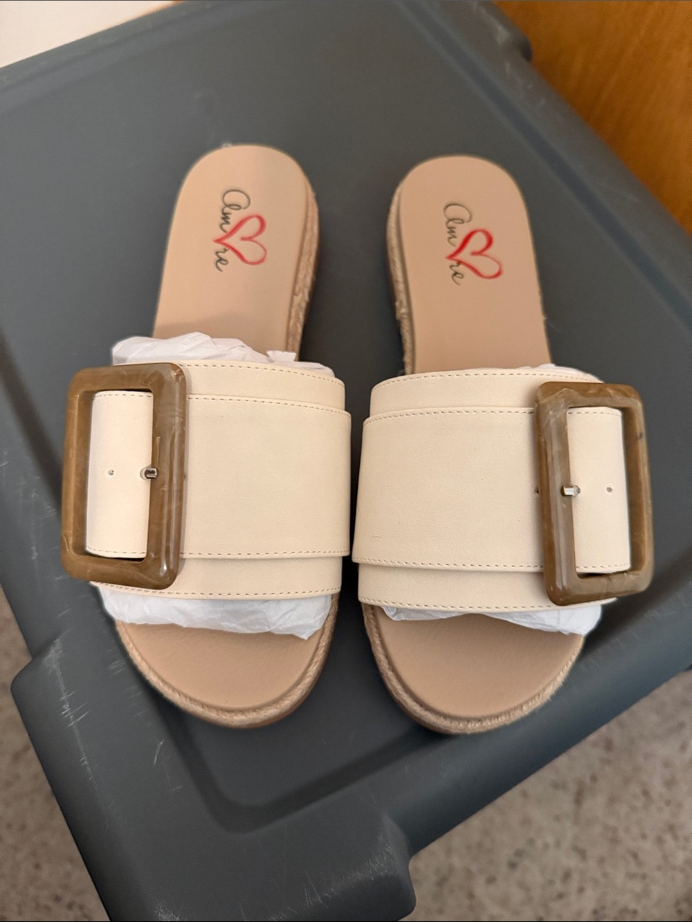 Beige Slide Sandals with Buckle